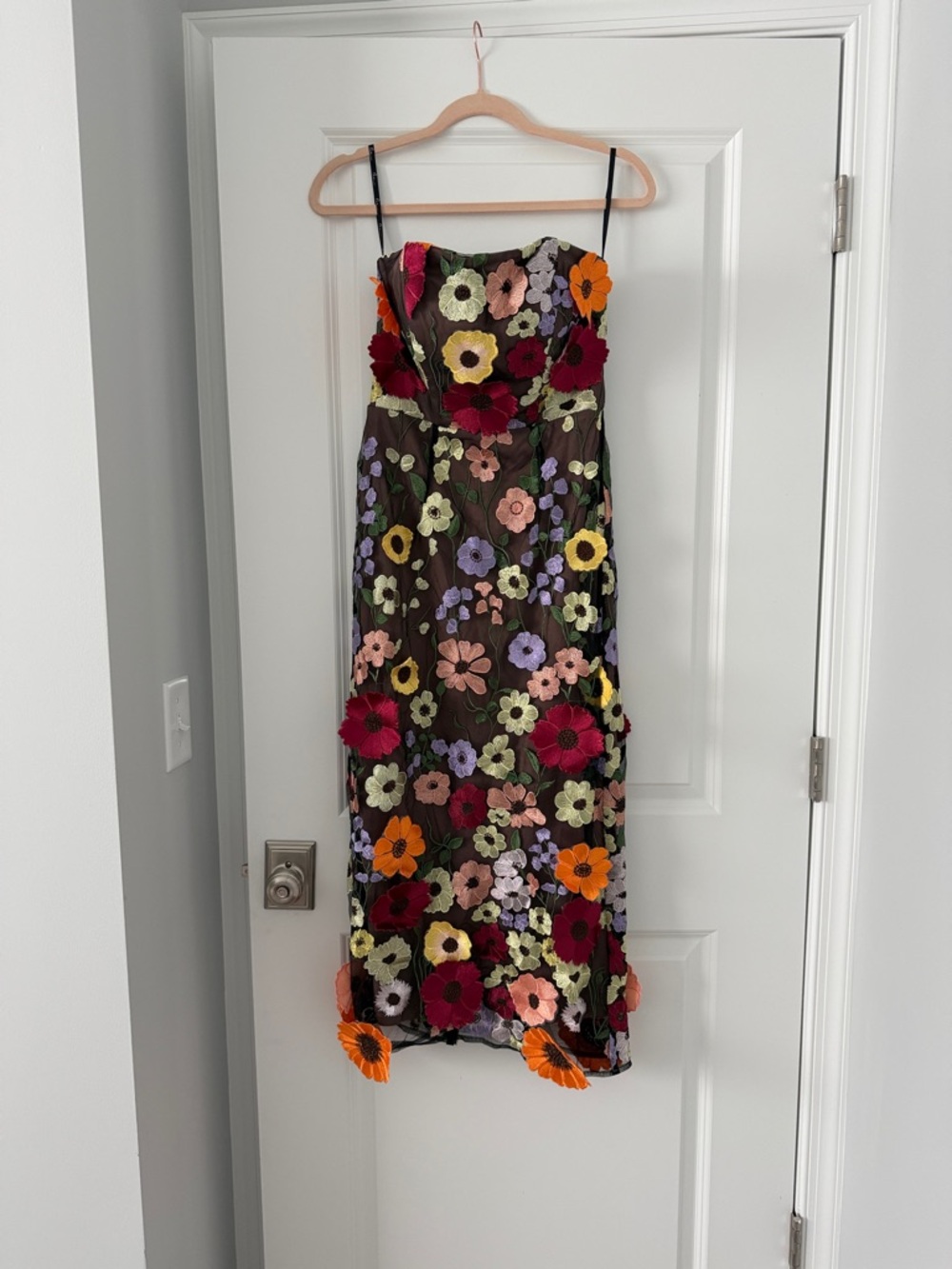 Strapless mesh flower midi Dress in Multi-Color